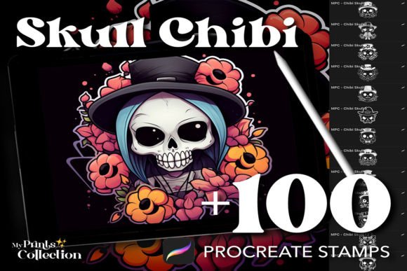 100 Procreate Chibi Skull Stamps
